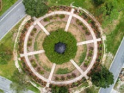 The Rotary Wheel Garden seen from a drone's eye view. It's the world's largest Rotary symbol.
